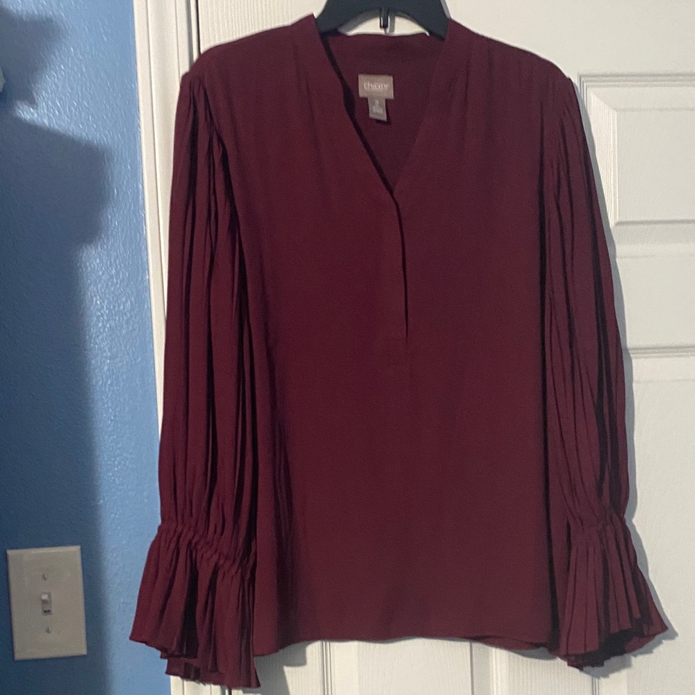 Chico's Deep Red Pleated Sleeve Blouse